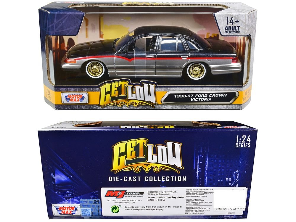 1993-1997 Ford Crown Victoria Lowrider Black Metallic and Silver with Red Stripes "Get Low" Series 1/24 Diecast Model Car by Motormax view 3