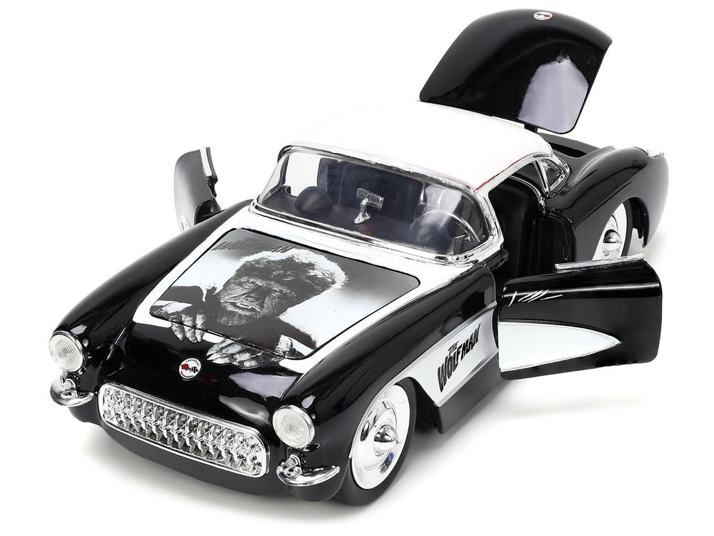 1957 Chevrolet Corvette Black with White Top and Wolfman Diecast Figure "Universal Monsters" "Hollywood Rides" Series 1/24 Diecast Model Car by Jada view 2