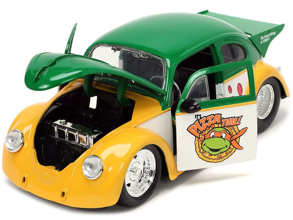1959 Volkswagen Drag Beetle Green and Yellow and Michelangelo Diecast Figure "Teenage Mutant Ninja Turtles" "Hollywood Rides" Series 1/24 Diecast Model Car by Jada view 2