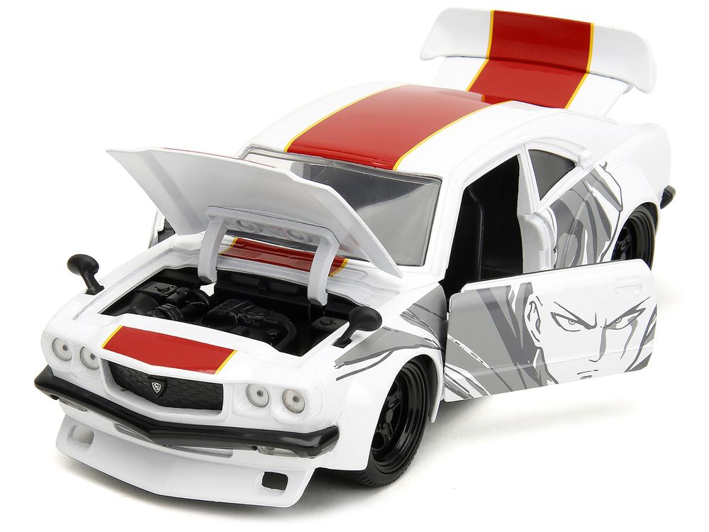 1974 Mazda RX-3 White with Red Stripe and Graphics and Saitama Diecast Figure "One Punch Man" (2015-2019) TV Series 1/24 Diecast Model Car by Jada view 2