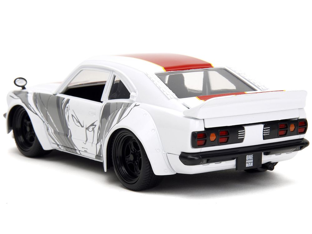 1974 Mazda RX-3 White with Red Stripe and Graphics and Saitama Diecast Figure "One Punch Man" (2015-2019) TV Series 1/24 Diecast Model Car by Jada view 3
