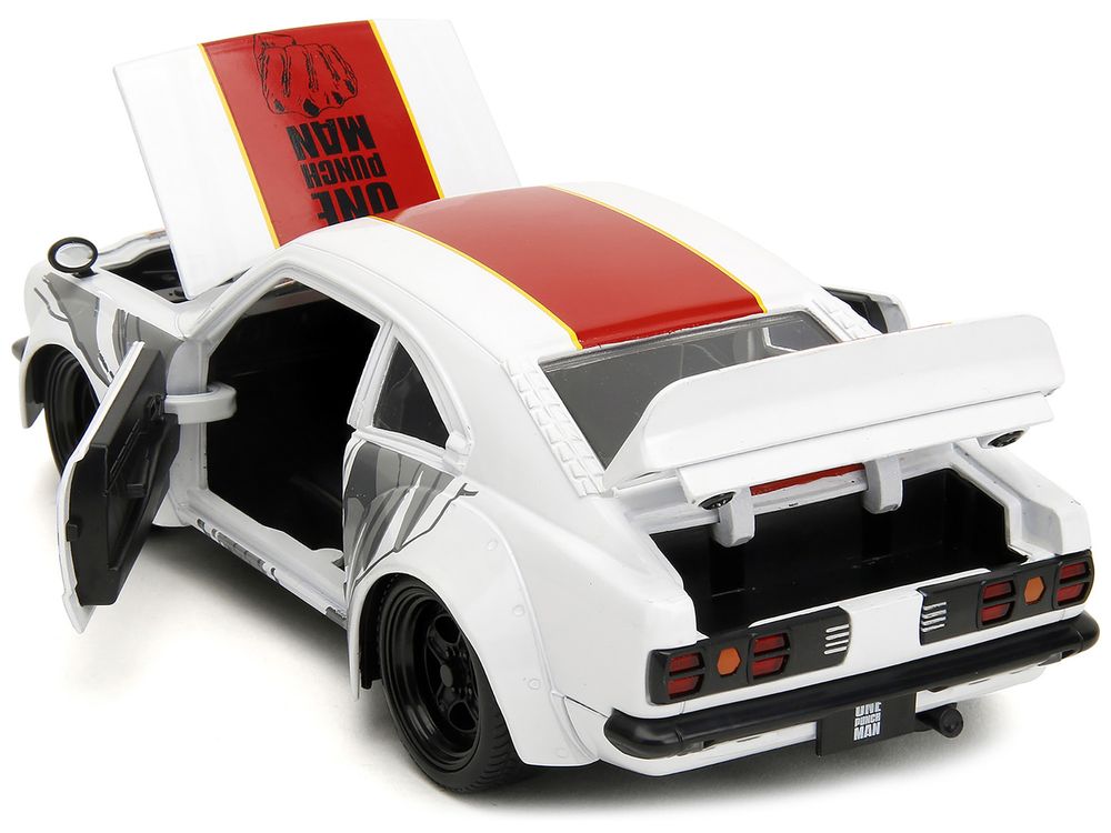 1974 Mazda RX-3 White with Red Stripe and Graphics and Saitama Diecast Figure "One Punch Man" (2015-2019) TV Series 1/24 Diecast Model Car by Jada view 4