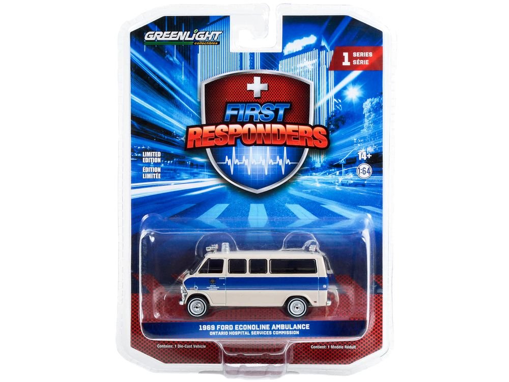 1969 Ford Econoline Ambulance Beige with Blue Stripes "Ontario Hospital Services Commission Ontario Canada" "First Responders" Series 1 1/64 Diecast Model Car by Greenlight view 3