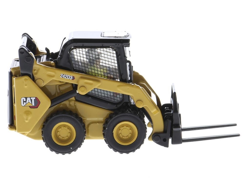 CAT Caterpillar 242D3 Wheeled Skid Steer Loader with Work Tools and Operator Yellow "High Line Series" 1/50 Diecast Model by Diecast Masters view 2