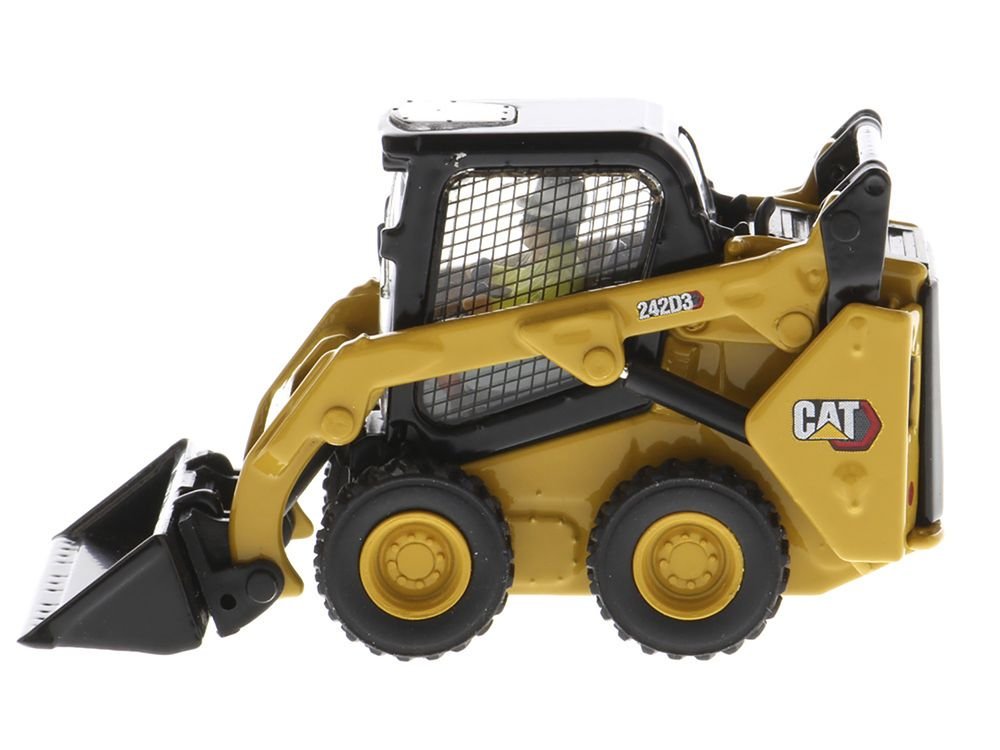 CAT Caterpillar 242D3 Wheeled Skid Steer Loader with Work Tools and Operator Yellow "High Line Series" 1/50 Diecast Model by Diecast Masters view 3