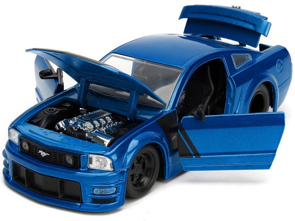 2006 Ford Mustang GT Blue Metallic with Matt Black Hood and Stripes "Bigtime Muscle" Series 1/24 Diecast Model Car by Jada view 2
