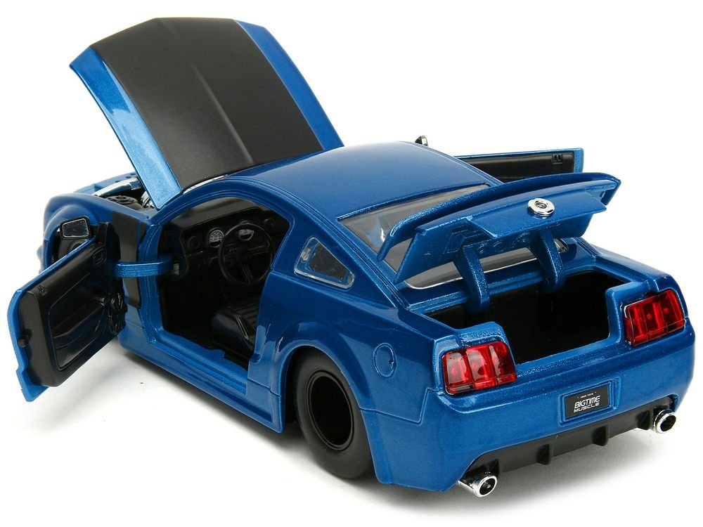 2006 Ford Mustang GT Blue Metallic with Matt Black Hood and Stripes "Bigtime Muscle" Series 1/24 Diecast Model Car by Jada view 4