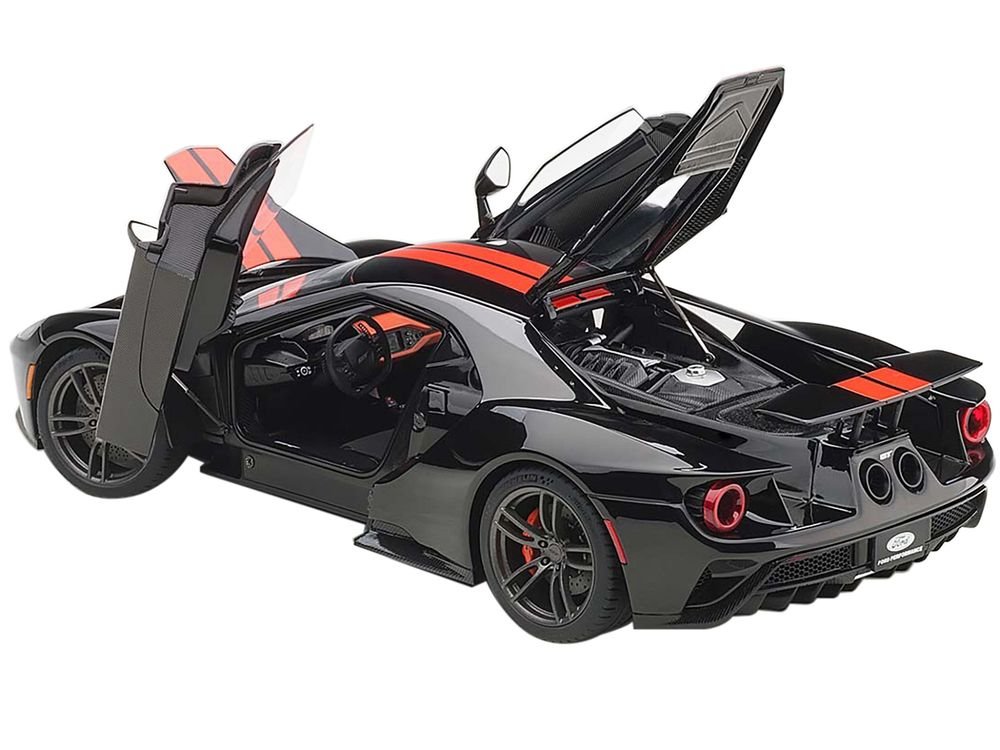 2017 Ford GT Shadow Black with Orange Stripes 1/18 Model Car by Autoart view 2