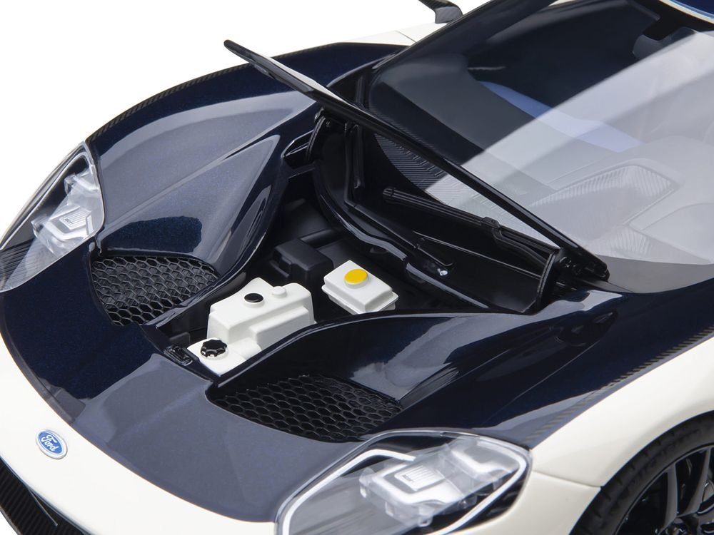 Ford GT Heritage Edition Prototype Wimbledon White with Antimatter Blue Hood and Stripe 1/18 Model Car by Autoart view 2