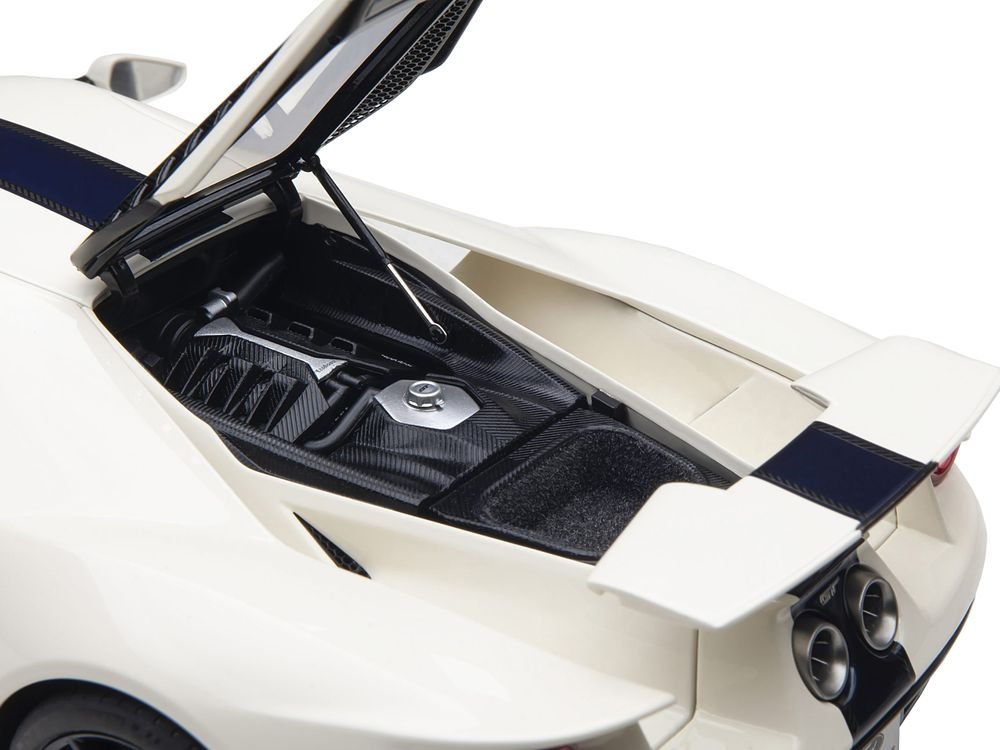 Ford GT Heritage Edition Prototype Wimbledon White with Antimatter Blue Hood and Stripe 1/18 Model Car by Autoart view 4