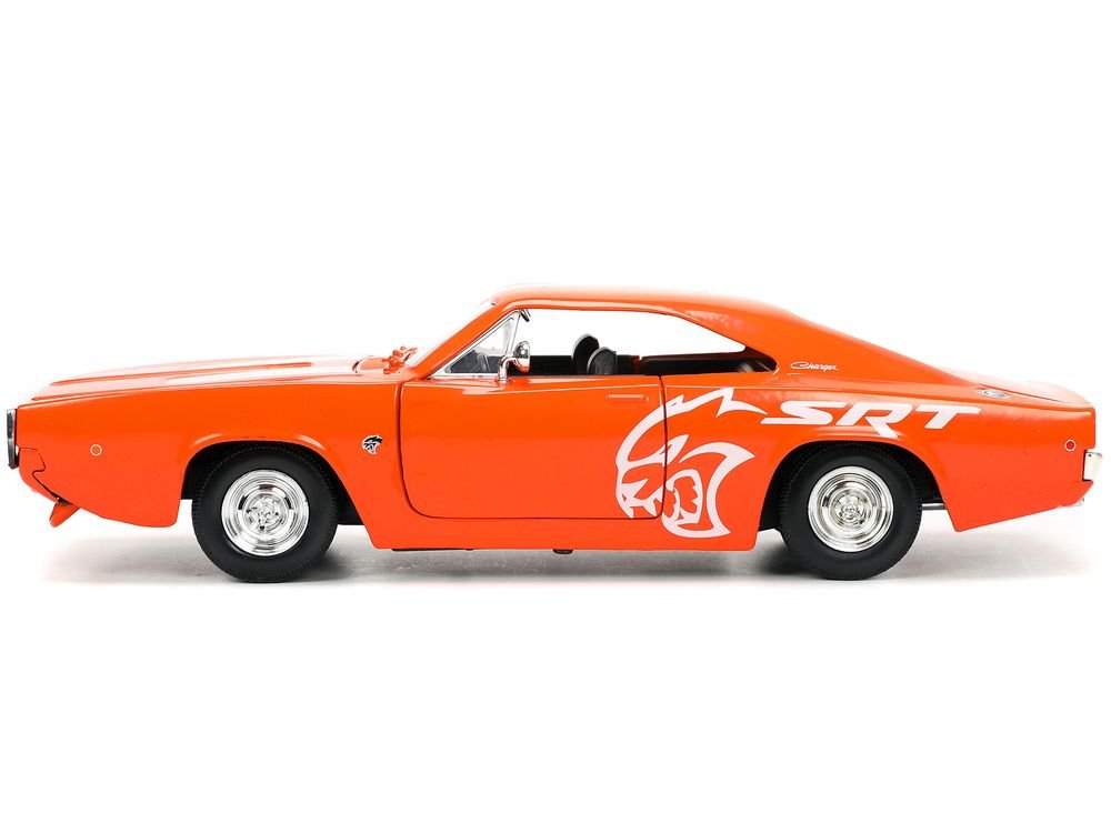 1968 Dodge Charger R/T SRT Orange with White Stripes and Graphics "Bigtime Muscle" Series 1/24 Diecast Model Car by Jada view 3