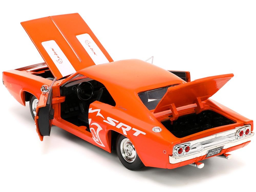 1968 Dodge Charger R/T SRT Orange with White Stripes and Graphics "Bigtime Muscle" Series 1/24 Diecast Model Car by Jada view 4