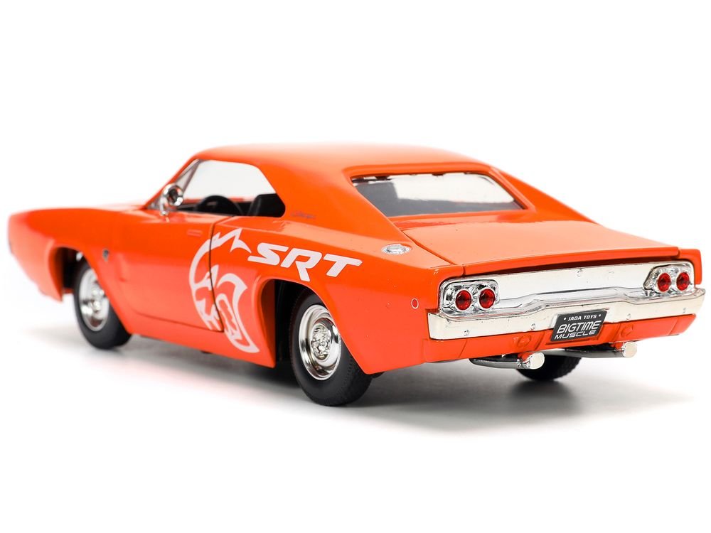 1968 Dodge Charger R/T SRT Orange with White Stripes and Graphics "Bigtime Muscle" Series 1/24 Diecast Model Car by Jada view 5