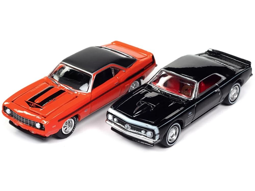 1969 Chevrolet Camaro Hugger Orange with Black Top and Stripes and 1967 Chevrolet Camaro Black with White Stripe and Red Interior "Yenko" Series Set of 2 Cars 1/64 Diecast Model Cars by Johnny Lightning view 2