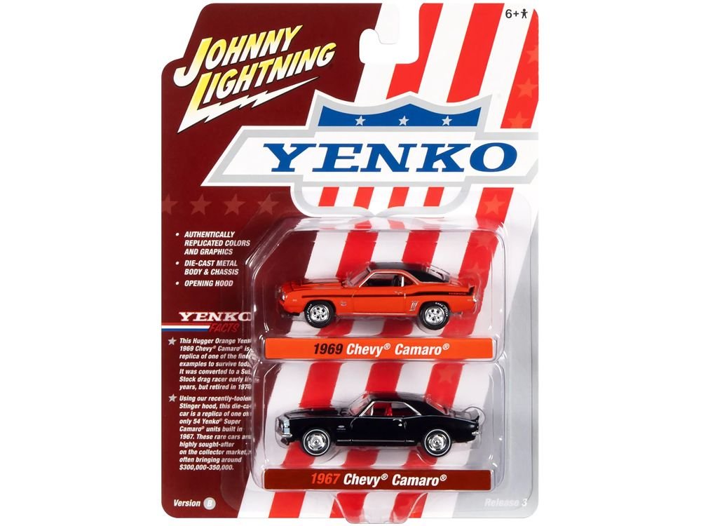 1969 Chevrolet Camaro Hugger Orange with Black Top and Stripes and 1967 Chevrolet Camaro Black with White Stripe and Red Interior "Yenko" Series Set of 2 Cars 1/64 Diecast Model Cars by Johnny Lightning view 3