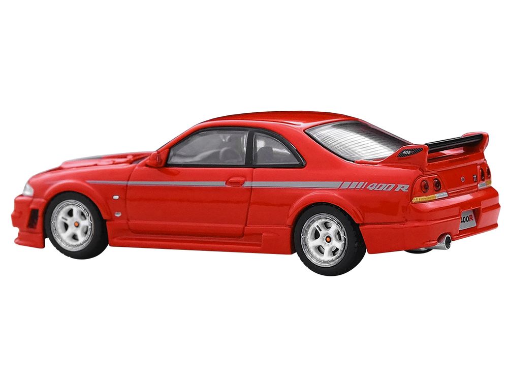 Nissan Skyline GT-R (R33) Nismo 400R RHD (Right Hand Drive) Super Clear Red II with Silver Stripes 1/64 Diecast Model Car by Inno Models view 2