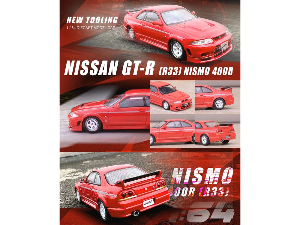 Nissan Skyline GT-R (R33) Nismo 400R RHD (Right Hand Drive) Super Clear Red II with Silver Stripes 1/64 Diecast Model Car by Inno Models view 3