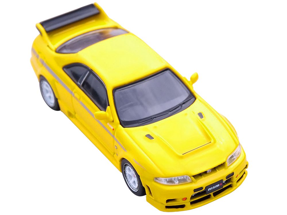 Nissan Skyline GT-R (R33) Nismo 400R RHD (Right Hand Drive) Lightning Yellow with Silver Stripes 1/64 Diecast Model Car by Inno Models view 2