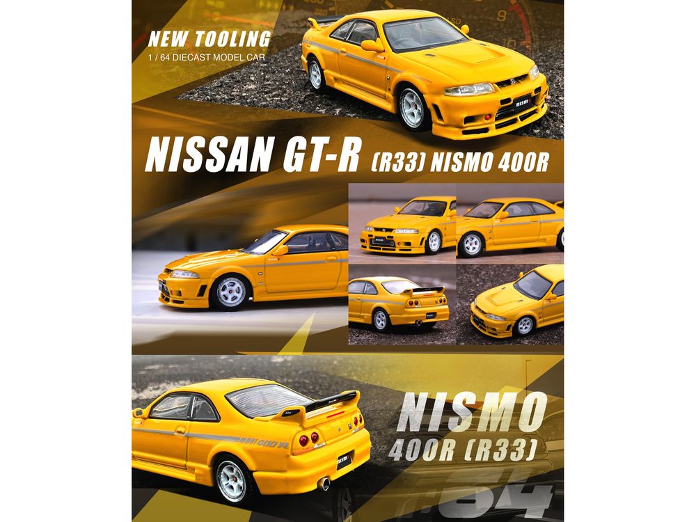 Nissan Skyline GT-R (R33) Nismo 400R RHD (Right Hand Drive) Lightning Yellow with Silver Stripes 1/64 Diecast Model Car by Inno Models view 3