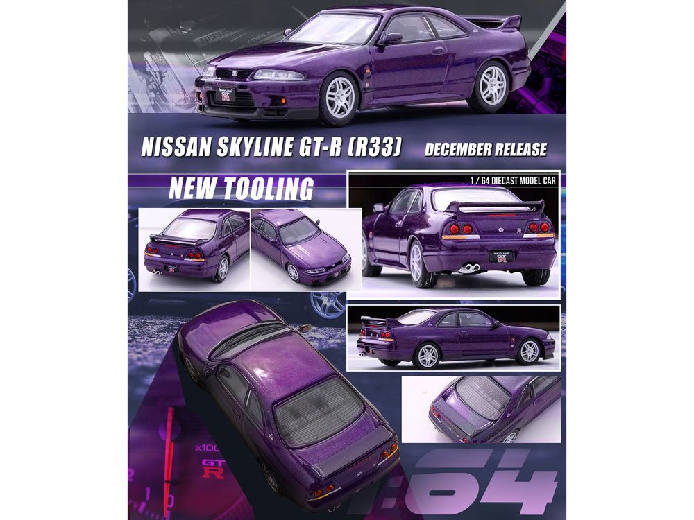Nissan Skyline GT-R (R33) RHD (Right Hand Drive) Midnight Purple Metallic 1/64 Diecast Model Car by Inno Models view 2