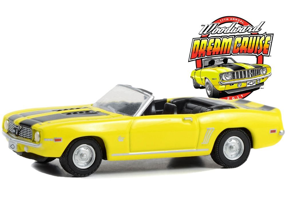 1969 Chevrolet Camaro SS Convertible Yellow with Black Stripes "17th Annual Woodward Dream Cruise Featured Heritage Vehicle" (2011) "Woodward Dream Cruise" Series 1 1/64 Diecast Model Car by Greenlight view 2