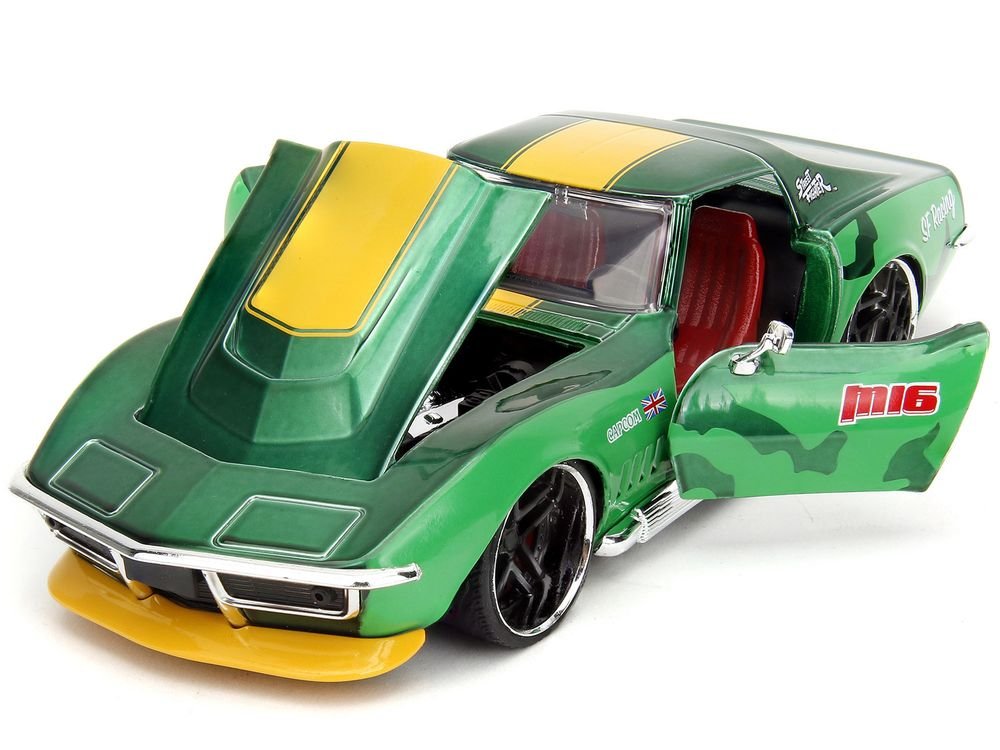 1969 Chevrolet Corvette Stingray ZL1 Green Metallic with Yellow Stripes and Cammy Diecast Figure "Street Fighter" Video Game "Anime Hollywood Rides" Series 1/24 Diecast Model Car by Jada view 2