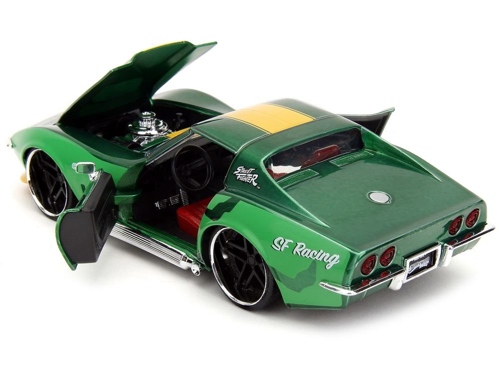 1969 Chevrolet Corvette Stingray ZL1 Green Metallic with Yellow Stripes and Cammy Diecast Figure "Street Fighter" Video Game "Anime Hollywood Rides" Series 1/24 Diecast Model Car by Jada view 3