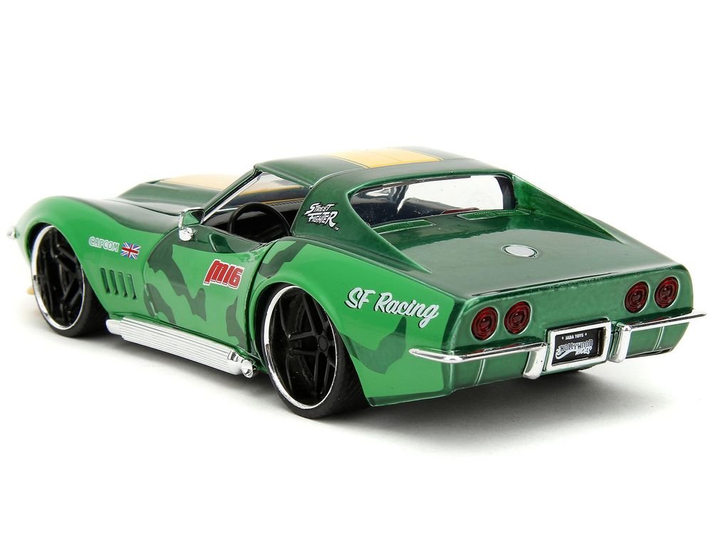 1969 Chevrolet Corvette Stingray ZL1 Green Metallic with Yellow Stripes and Cammy Diecast Figure "Street Fighter" Video Game "Anime Hollywood Rides" Series 1/24 Diecast Model Car by Jada view 4