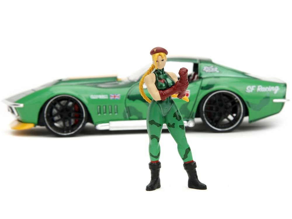 1969 Chevrolet Corvette Stingray ZL1 Green Metallic with Yellow Stripes and Cammy Diecast Figure "Street Fighter" Video Game "Anime Hollywood Rides" Series 1/24 Diecast Model Car by Jada view 5