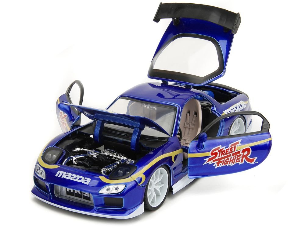 1993 Mazda RX-7 Candy Blue Metallic with Graphics and Chun-Li Diecast Figure "Street Fighter" Video Game "Anime Hollywood Rides" Series 1/24 Diecast Model Car by Jada view 2