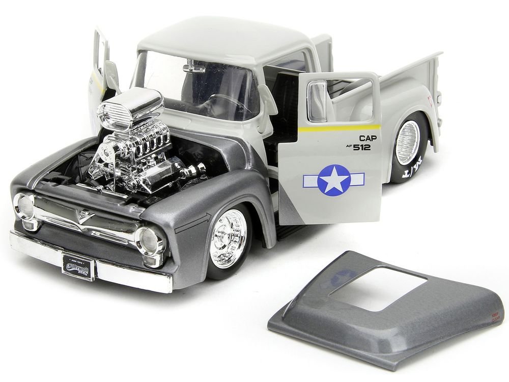 1956 Ford F-100 Pickup Truck Tan and Gray Metallic and Guile Diecast Figure "Street Fighter" Video Game "Anime Hollywood Rides" Series 1/24 Diecast Model Car by Jada view 2