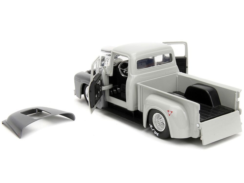 1956 Ford F-100 Pickup Truck Tan and Gray Metallic and Guile Diecast Figure "Street Fighter" Video Game "Anime Hollywood Rides" Series 1/24 Diecast Model Car by Jada view 3