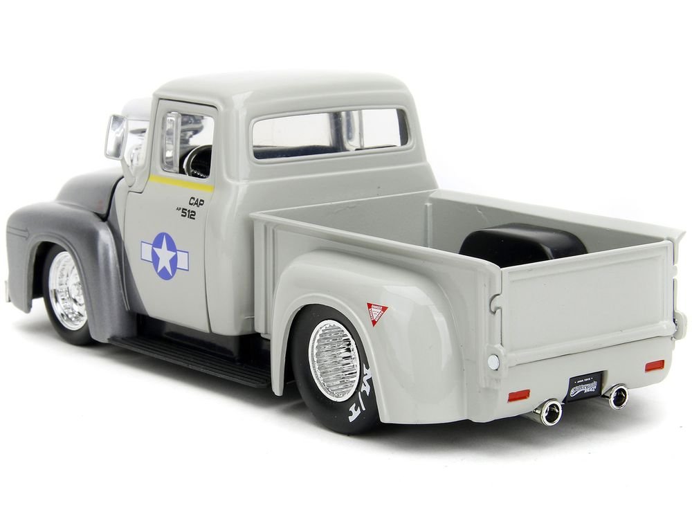 1956 Ford F-100 Pickup Truck Tan and Gray Metallic and Guile Diecast Figure "Street Fighter" Video Game "Anime Hollywood Rides" Series 1/24 Diecast Model Car by Jada view 4