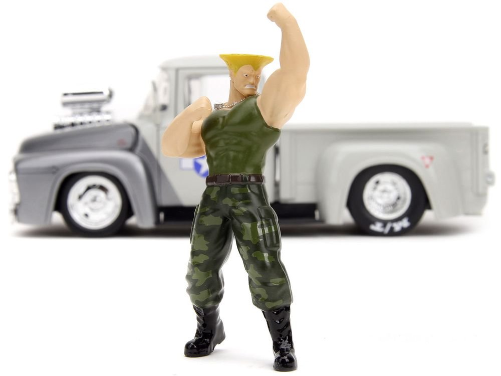 1956 Ford F-100 Pickup Truck Tan and Gray Metallic and Guile Diecast Figure "Street Fighter" Video Game "Anime Hollywood Rides" Series 1/24 Diecast Model Car by Jada view 5