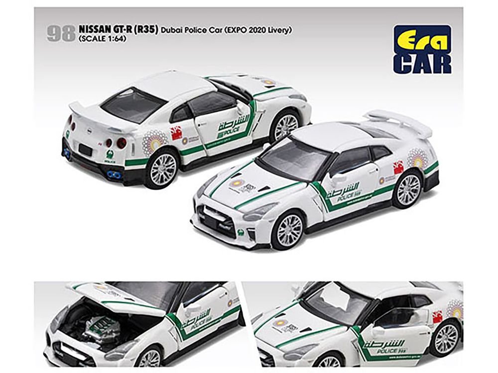 Nissan GT-R (R35) White Dubai Police "EXPO 2020" Livery Limited Edition to 720 pieces Worldwide 1/64 Diecast Model Car by Era Car view 2