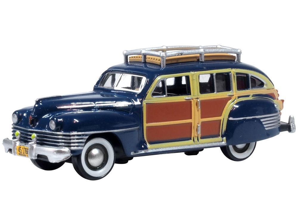 1942 Chrysler Town & Country Woody Wagon South Sea Blue with Wood Panels and Roof Rack 1/87 (HO) Scale Diecast Model Car by Oxford Diecast view 2