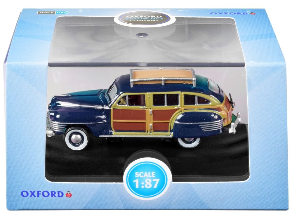 1942 Chrysler Town & Country Woody Wagon South Sea Blue with Wood Panels and Roof Rack 1/87 (HO) Scale Diecast Model Car by Oxford Diecast view 3