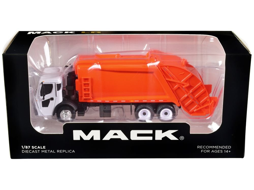 Mack LR with McNeilus Rear Load Refuse Body Orange and White 1/87 (HO) Diecast Model by First Gear view 3