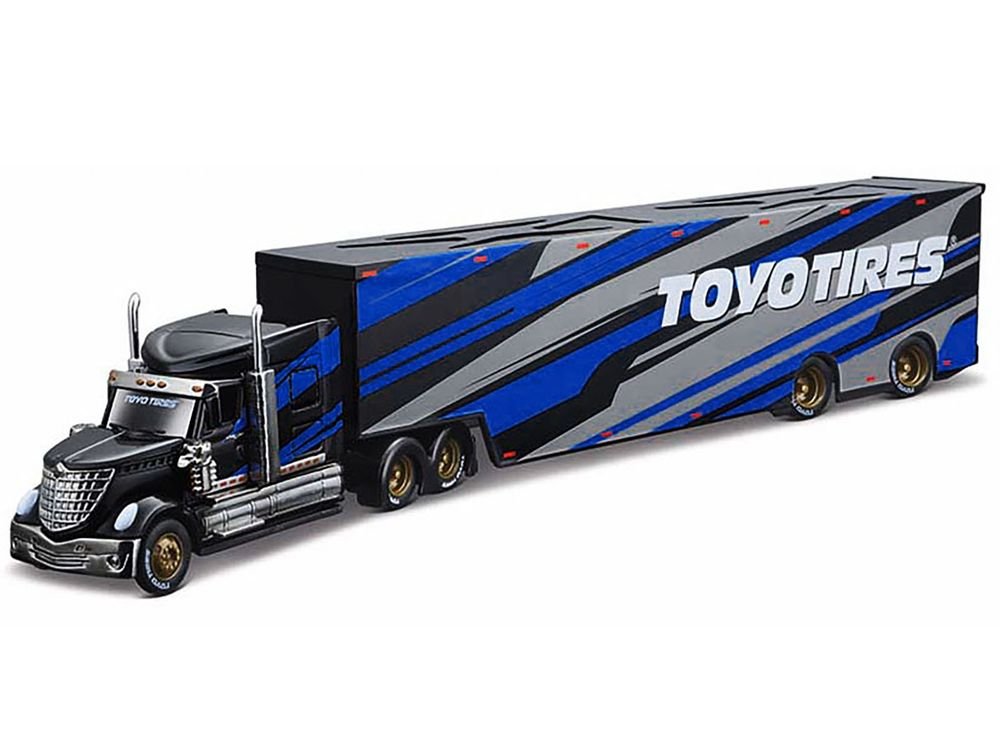 International LoneStar Enclosed Car Transporter "Toyo Tires" Black with Blue and Gray Stripes "Custom Haulers" Series 1/64 Diecast Model by Maisto view 2