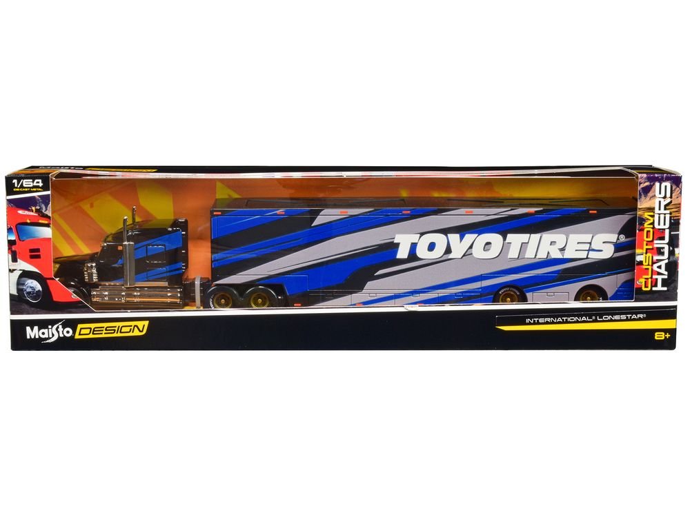 International LoneStar Enclosed Car Transporter "Toyo Tires" Black with Blue and Gray Stripes "Custom Haulers" Series 1/64 Diecast Model by Maisto view 3
