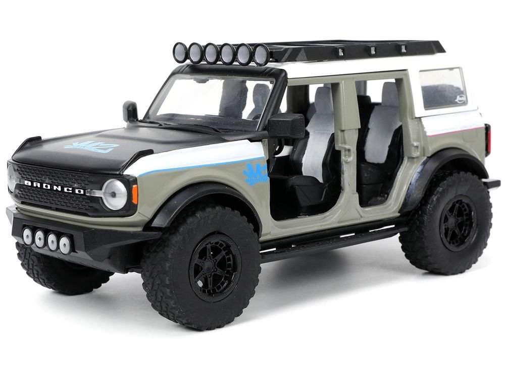 2021 Ford Bronco Gray and White with Matt Black Hood with Roof Rack "M2 Motoring" "Just Trucks" Series 1/24 Diecast Model Car by Jada view 2