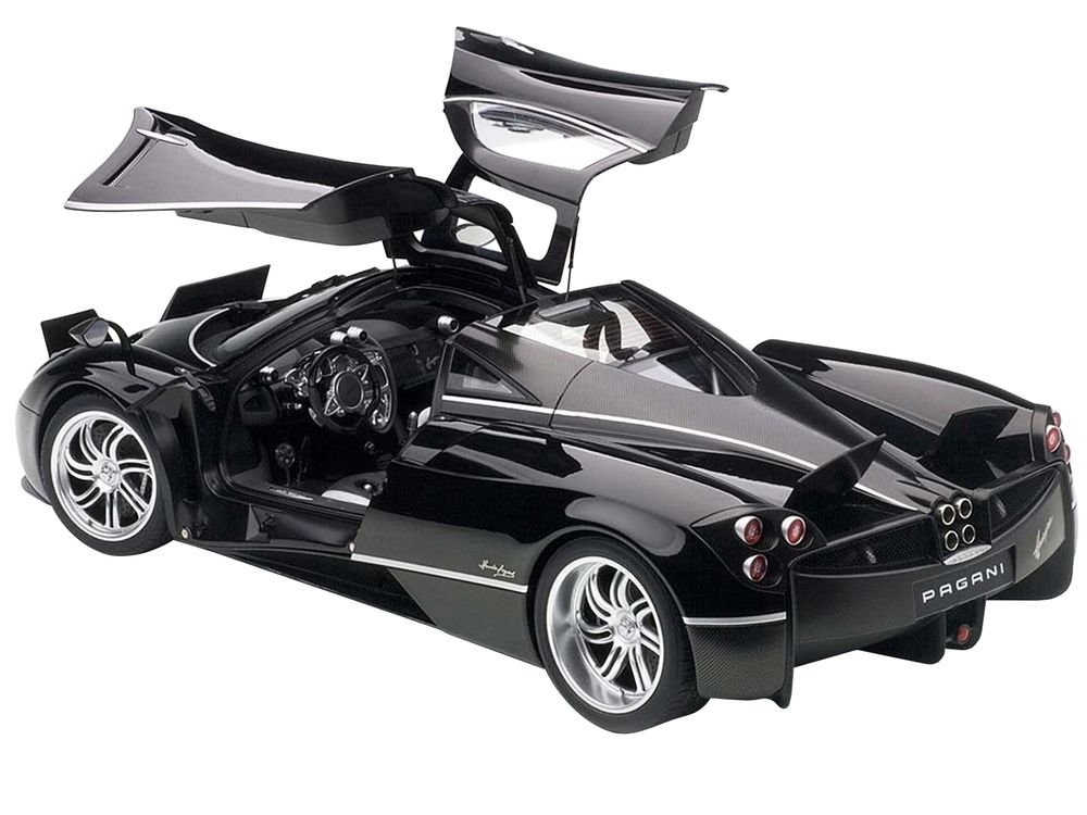 Pagani Huayra Gloss Black with Silver Stripes and Silver Wheels 1/12 Model Car by Autoart view 2