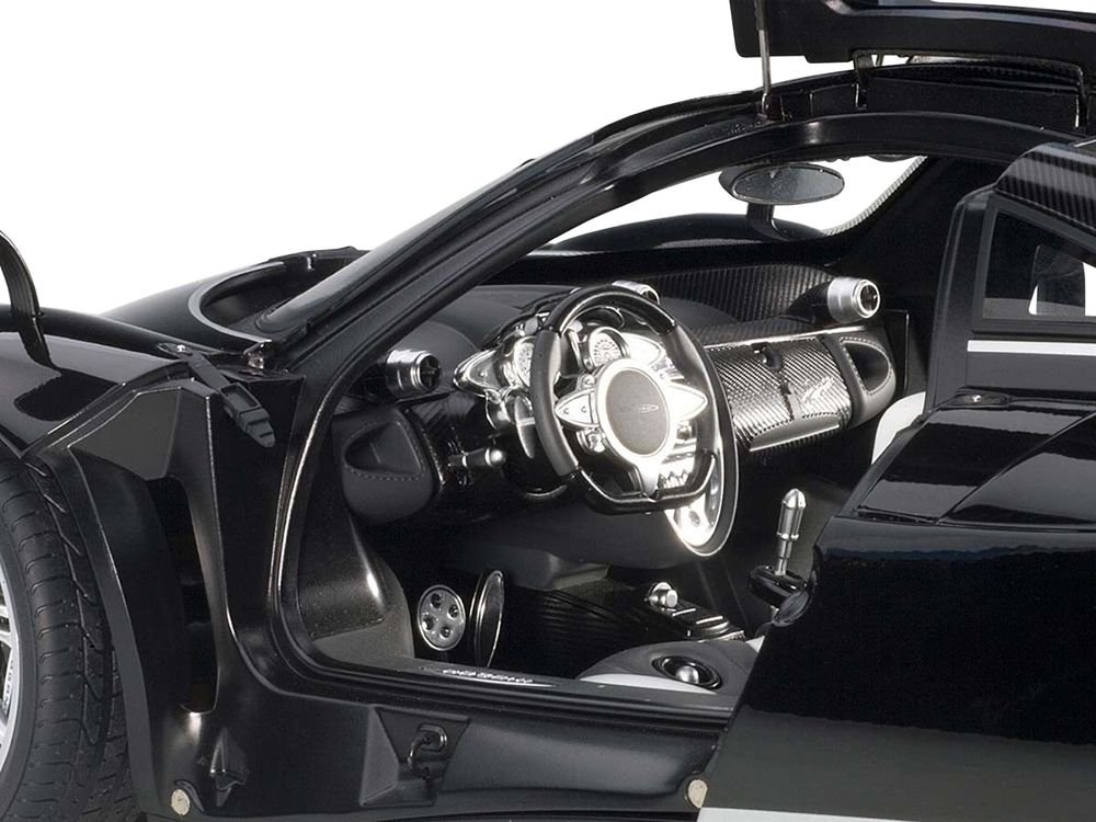 Pagani Huayra Gloss Black with Silver Stripes and Silver Wheels 1/12 Model Car by Autoart view 3