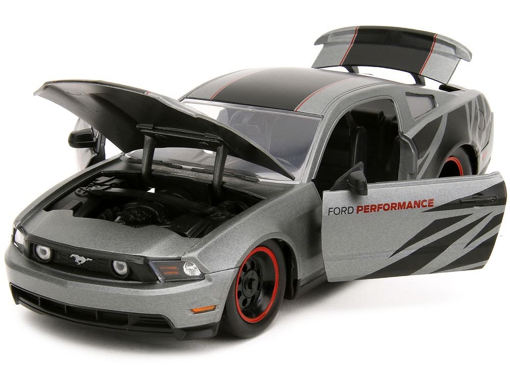 2010 Ford Mustang GT Matt Gray Metallic with Black Graphics and Stripes "Ford Performance" "Bigtime Muscle" Series 1/24 Diecast Model Car by Jada view 2