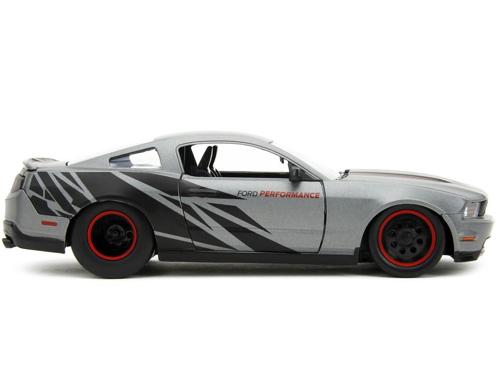 2010 Ford Mustang GT Matt Gray Metallic with Black Graphics and Stripes "Ford Performance" "Bigtime Muscle" Series 1/24 Diecast Model Car by Jada view 3