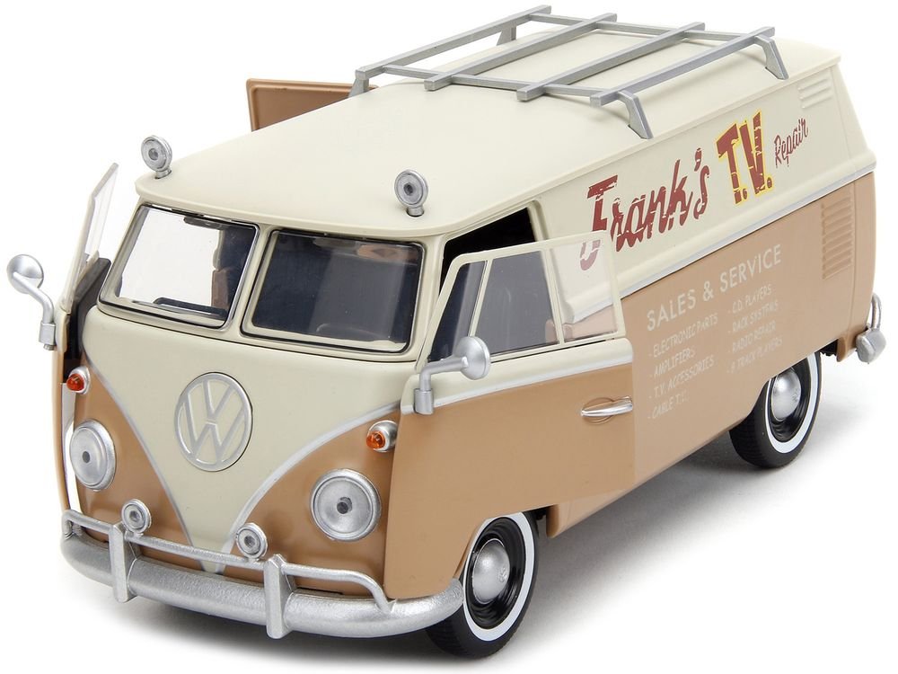 Volkswagen Bus "WheelJack" Tan and Beige "Frank's TV Repair" and Transformers Logo Diecast Statue "Transformers: Rise of the Beasts" (2023) Movie "Hollywood Rides" Series 1/24 Diecast Model Car by Jada view 2