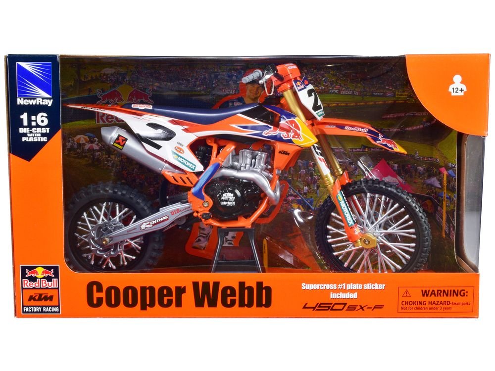 KTM 450 SX-F #2 Cooper Webb "Red Bull KTM Factory Racing" SuperCross 1/6 Diecast Model by New Ray view 3