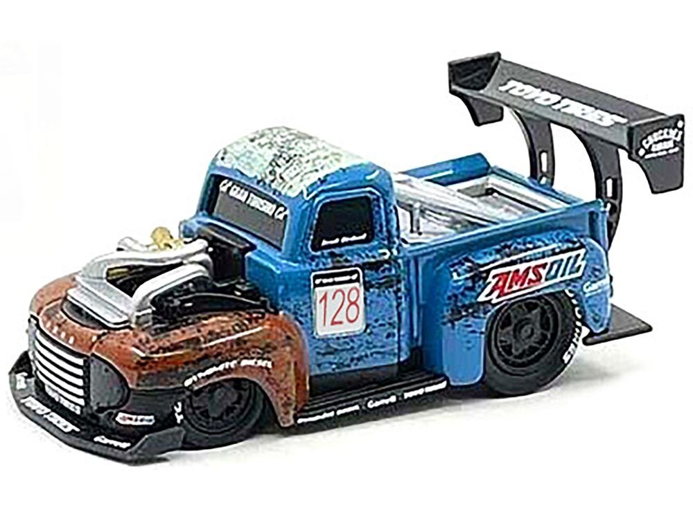 1949 Ford F1 Pickup Truck #128 "Old Smokey" Blue and Brown (Weathered) 1/64 Diecast Model Car by Muscle Machines view 2