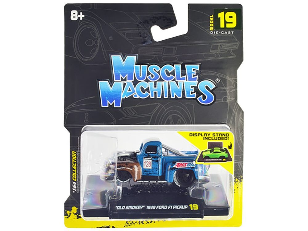 1949 Ford F1 Pickup Truck #128 "Old Smokey" Blue and Brown (Weathered) 1/64 Diecast Model Car by Muscle Machines view 3