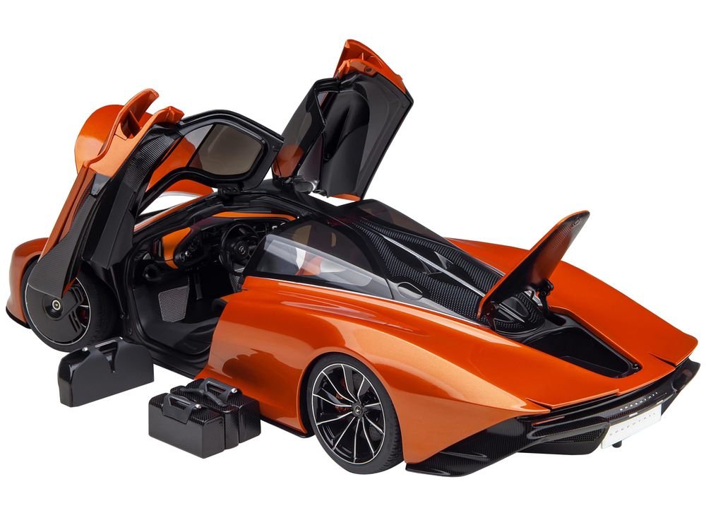 McLaren Speedtail Volcano Orange Metallic with Black Top and Suitcase Accessories 1/18 Model Car by Autoart view 2